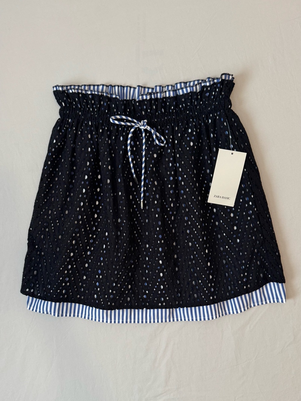 Zara Mini Skirt Black Eyelet Overlay With Blue Stripes Size Small NWT Feminine